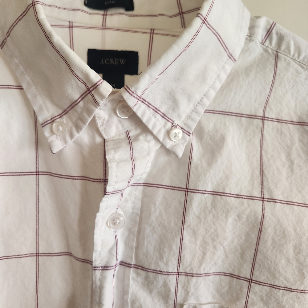 J. Crew Men's White and Red Checkered Shirt